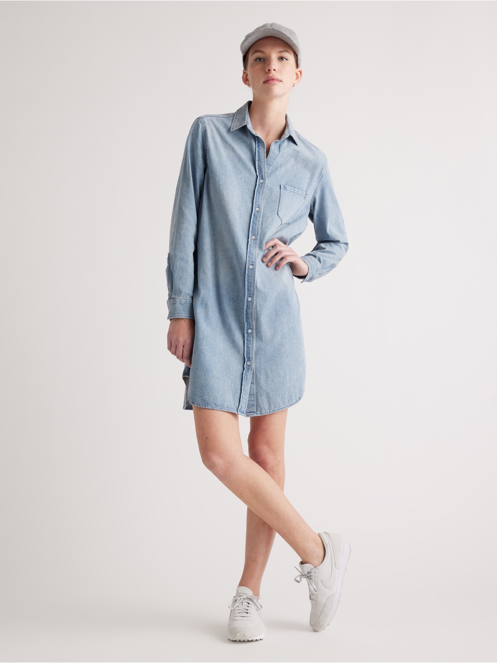 Quince Distressed Denim Shirt Dress In Blue